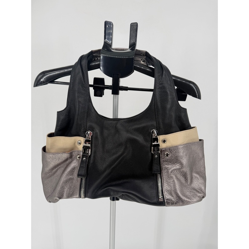 B. Makowsky Hobo Bag Womens Large Black Pewter Excellent Colorblock Leather
